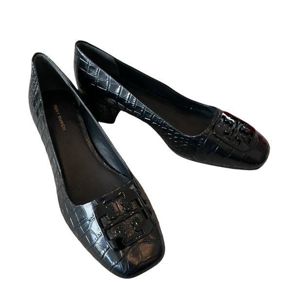 TORY BURCH Women Croc Leather Georgia Pump 25mm Black Size 7.5 New In Box - Picture 6 of 16